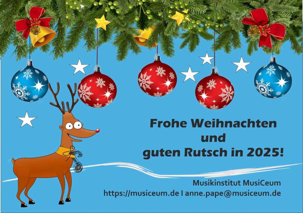 Weihnachtsplakat mit Christbaumkugeln, Sternen und Rentier